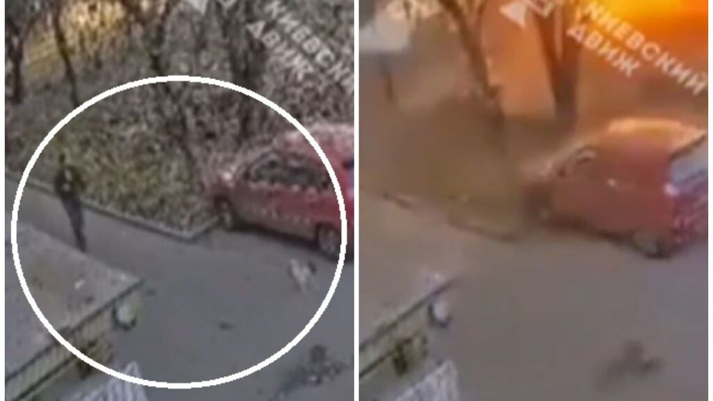 Un hombre pasea a su perro en Ucrania y le toca huir a la carrera antes de que un misil explote