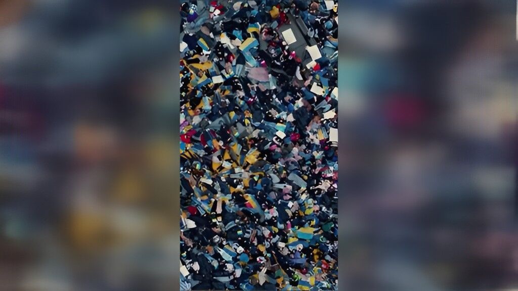 Un dron graba a cientos de personas tendidas en el suelo para simbolizar a los civiles muertos en Ucrania