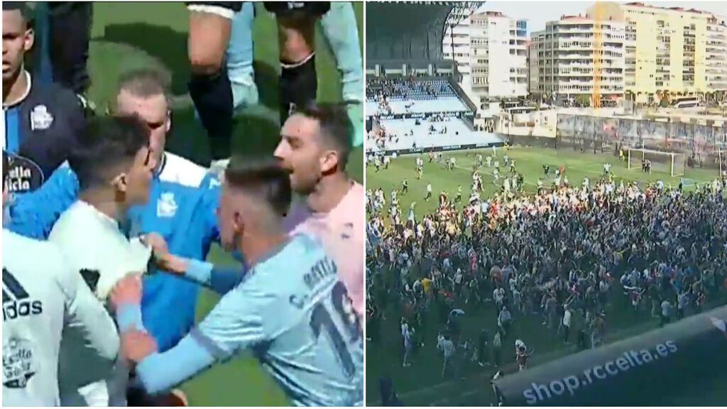 Vergüenza en Balaídos: tangana entre jugadores del Celta B y el Deportivo, invasión de campo y carga policiales