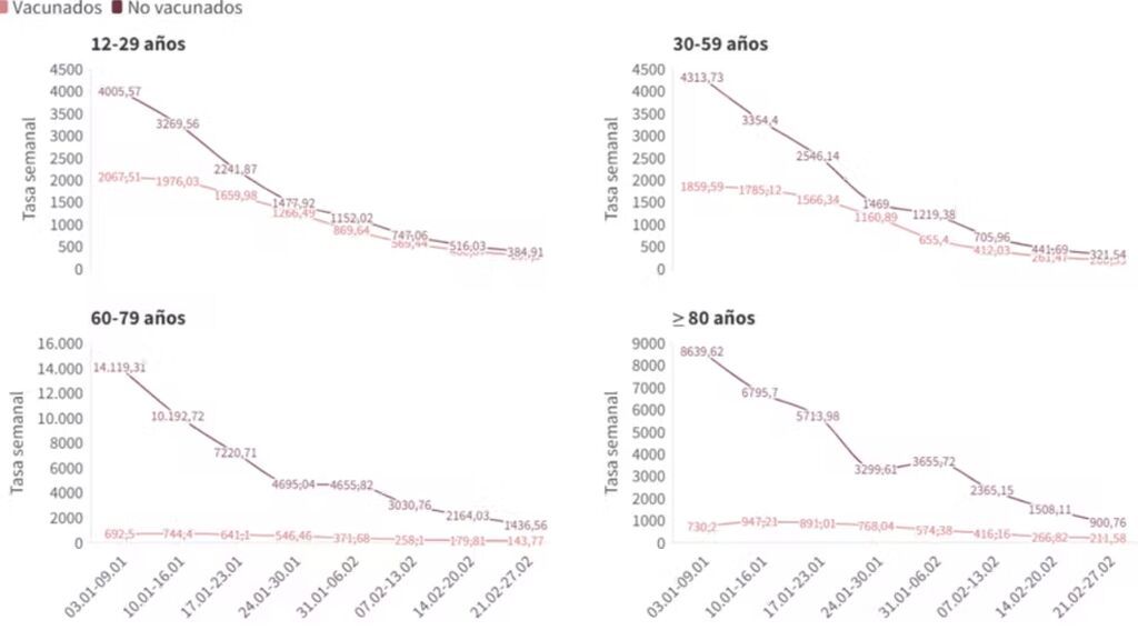 Tasa de incidencia media semanal por grupo de edad, según estado de vacunación