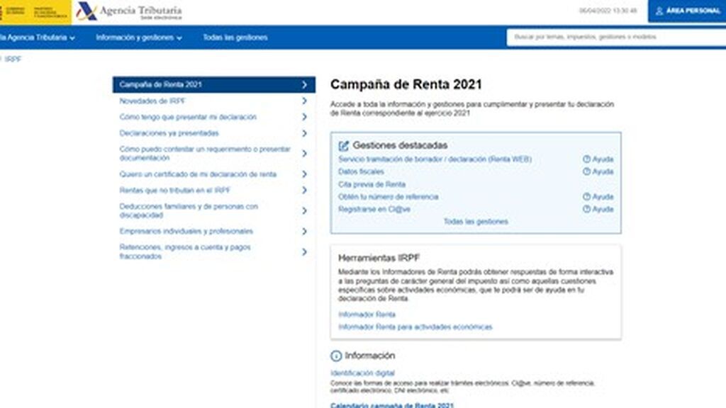 Apartado de la Campaña de la Renta en la página de la Agencia Tributaria