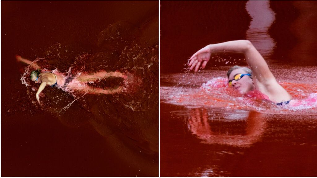 Una nadadora se vuelve viral por su protesta contra la guerra de Ucrania nadando en un lago de sangre
