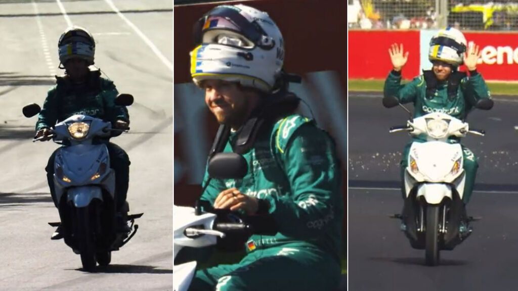 Vettel se queda tirado y decide coger una moto: sin manos y con el casco mal puesto