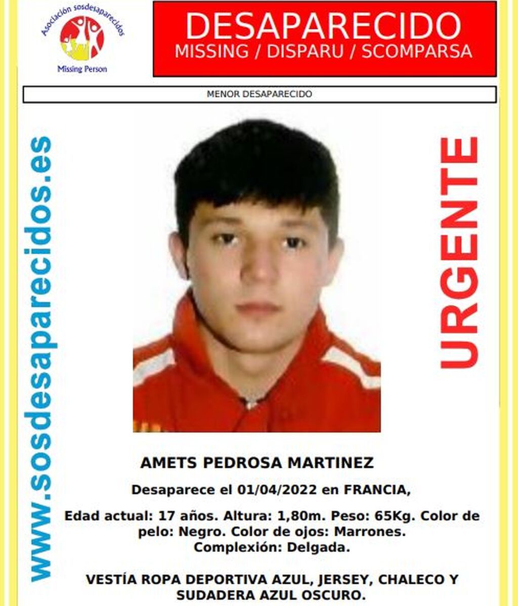 Amets Pedrosa Martínez, de 17 años, menor desaparecido en Francia