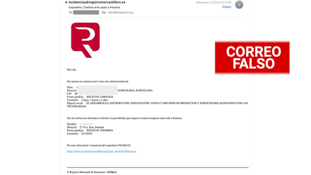Correo falso del registro mercantil de Barcelona