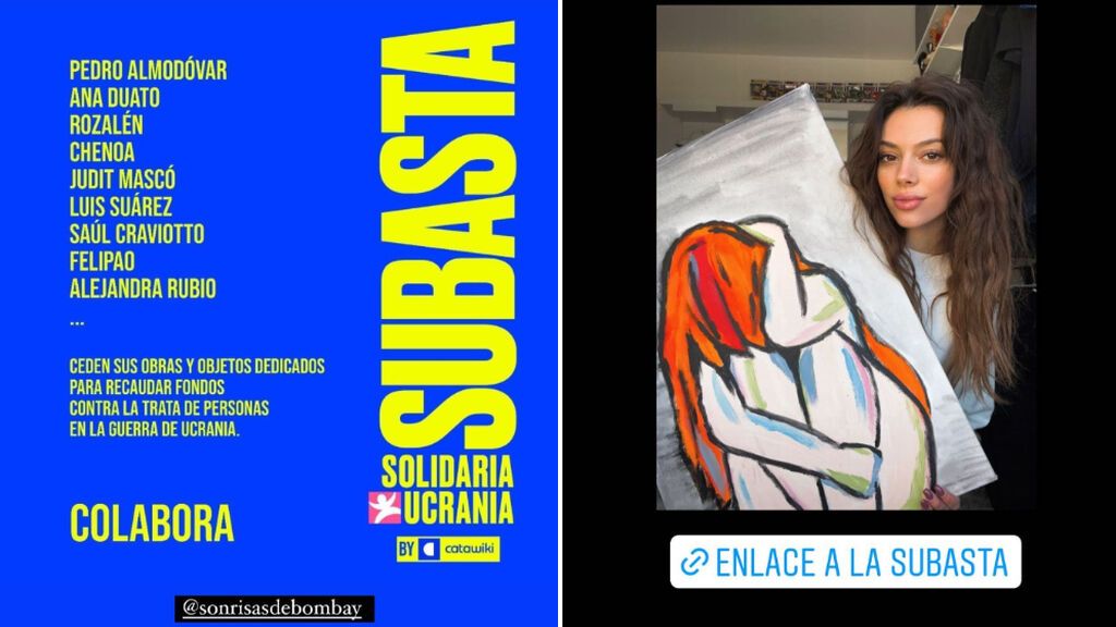 El cartel de todos los que participan en esta acción solidaria y Alejandra Rubio con su obra