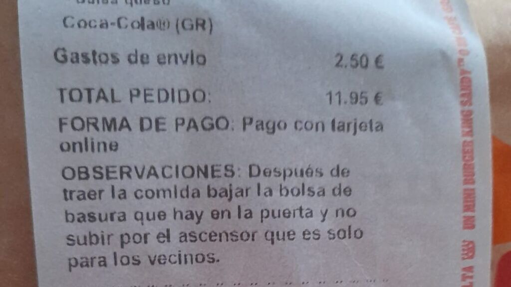El indignante mensaje que ha recibido un repartidor de comida de un cliente: "Me da asco"