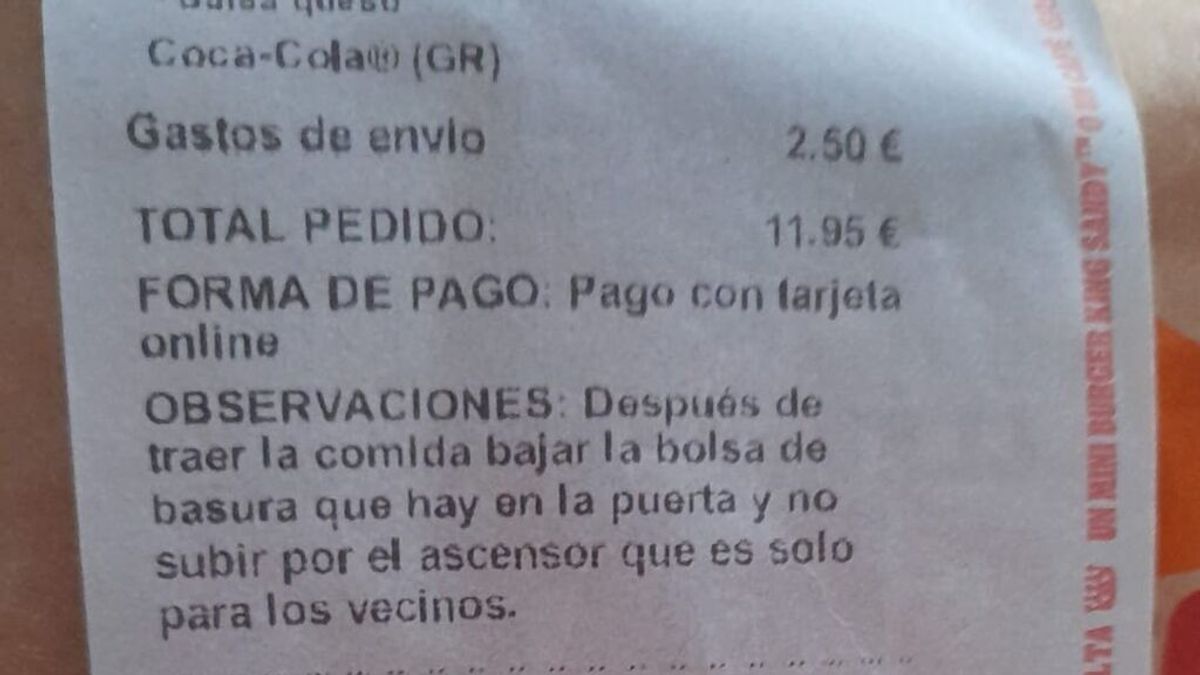 El indignante mensaje que ha recibido un repartidor de comida de un cliente: "Me da asco"
