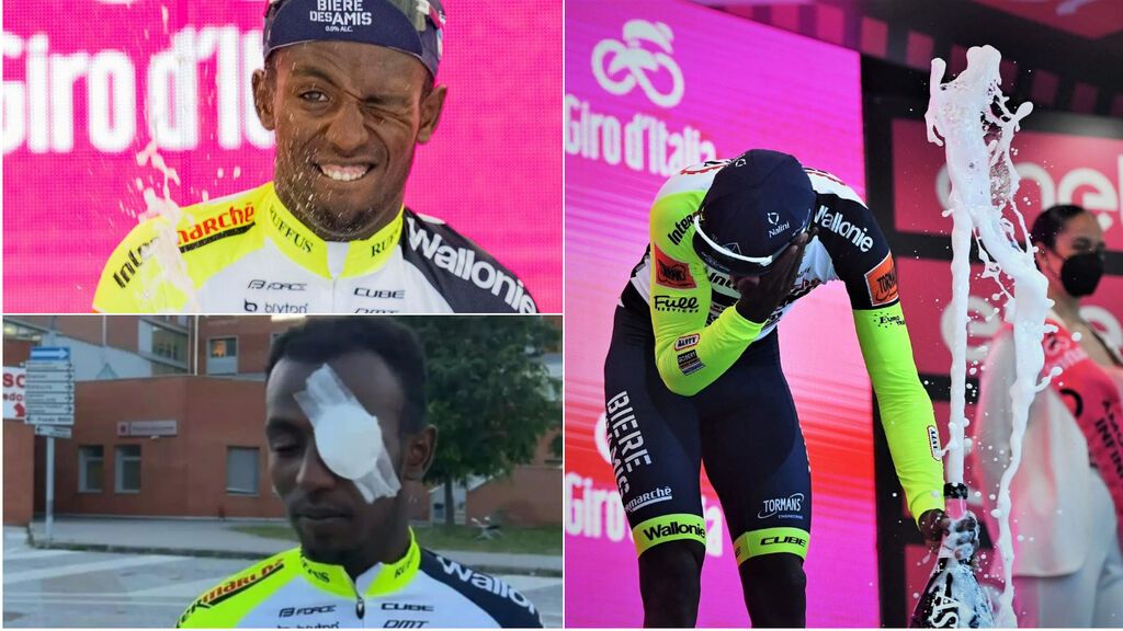 Girmay gana la etapa del Giro y acaba en el hospital tras golpearse con el corcho de la botella en el podio