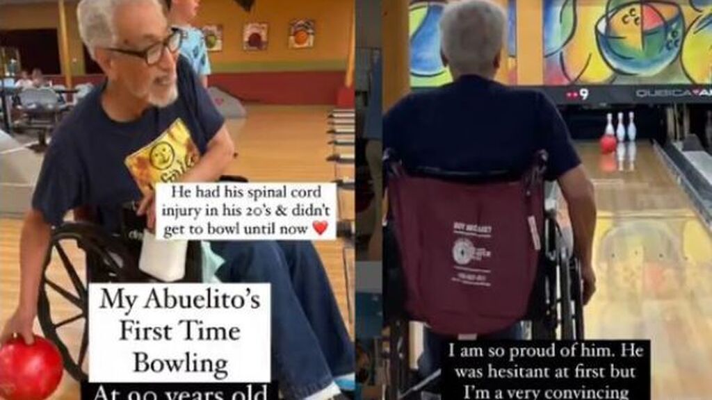 Emoción viral de un anciano: con 90 años y en silla de ruedas, juega a los bolos por primera vez