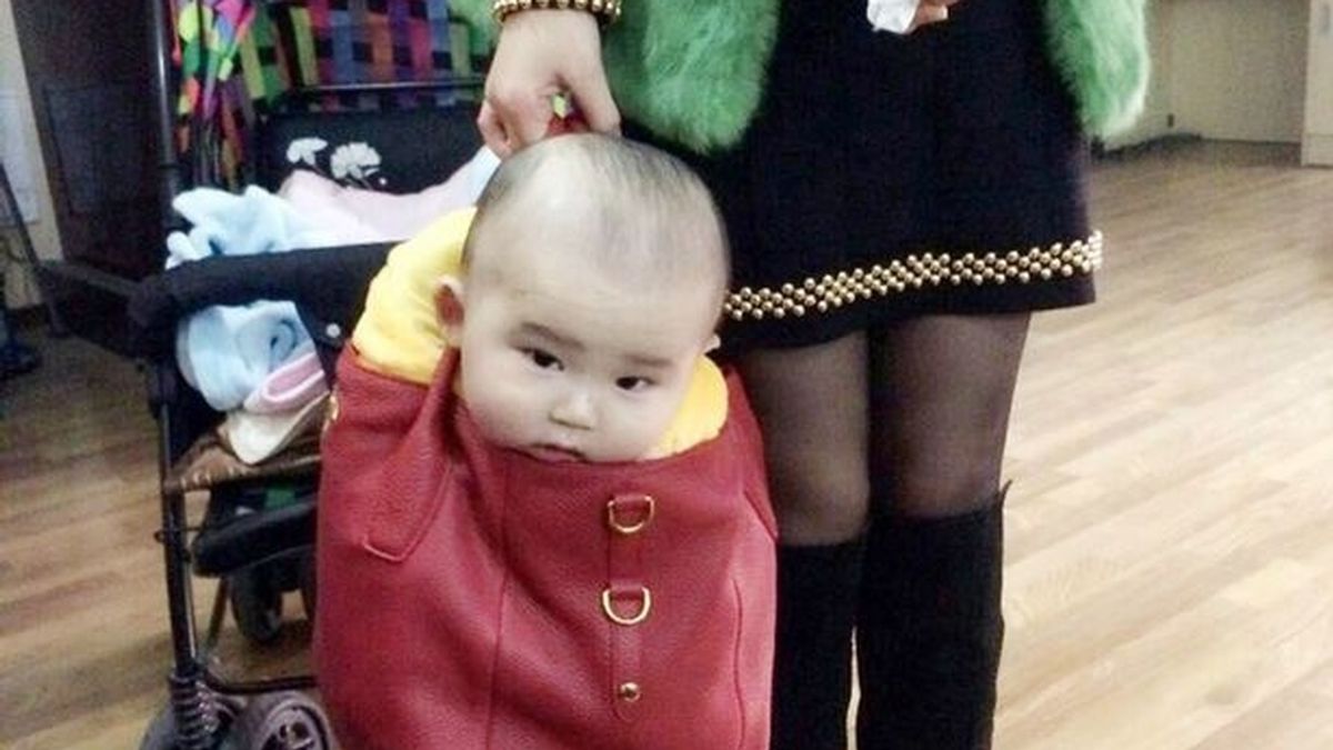 Un bebé pasea en el bolso de firma de su mamá