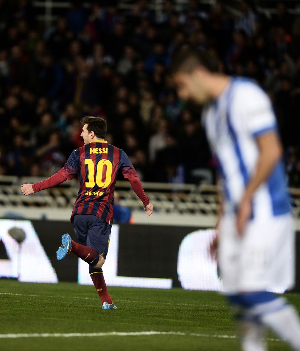 Leo Messi celebra su gol en Anoeta