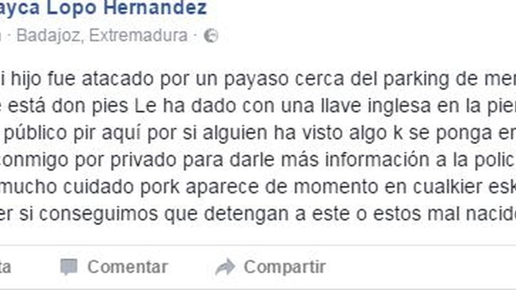 Una mujer denuncia en Facebook el ataque de un Payaso Terrorífico