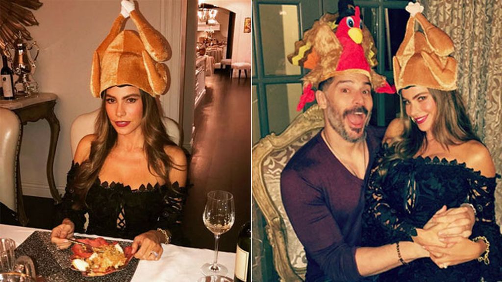 Sofía y su marido, Joe Manganiello, con gorro-pavo temático