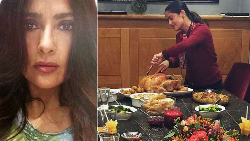 Salma Hayek también ha trinchado el suyo sobre una mesa bien completa