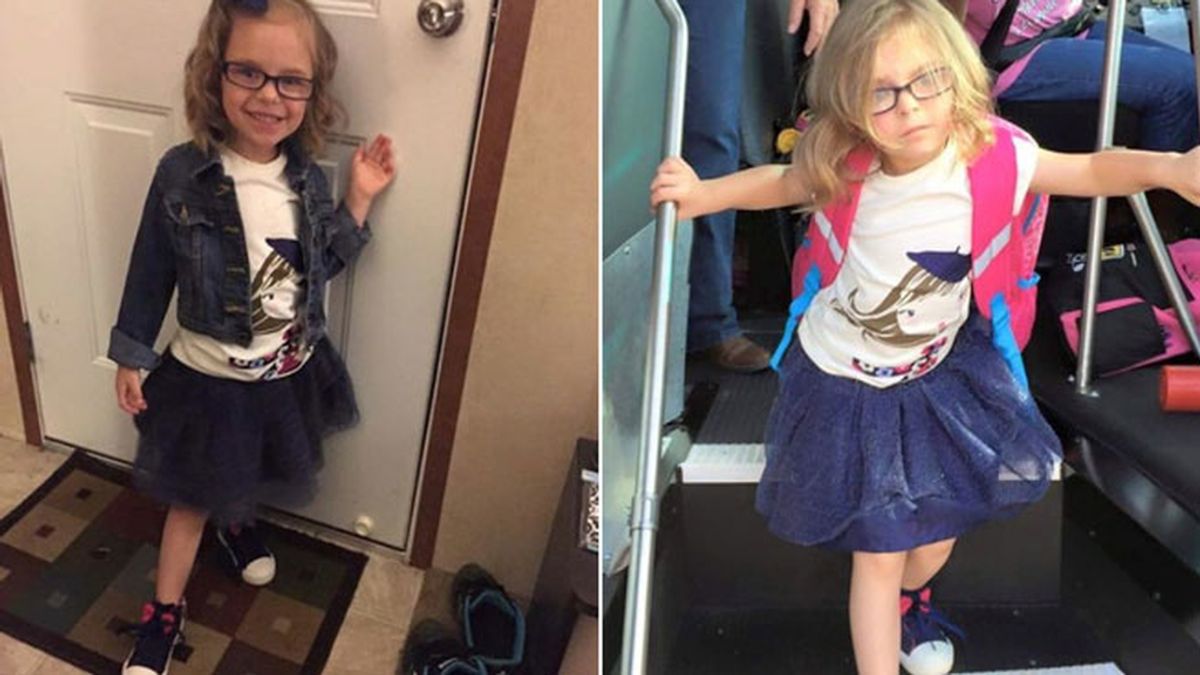 Una madre fotografía el antes y el después del primer día de colegio de su hija