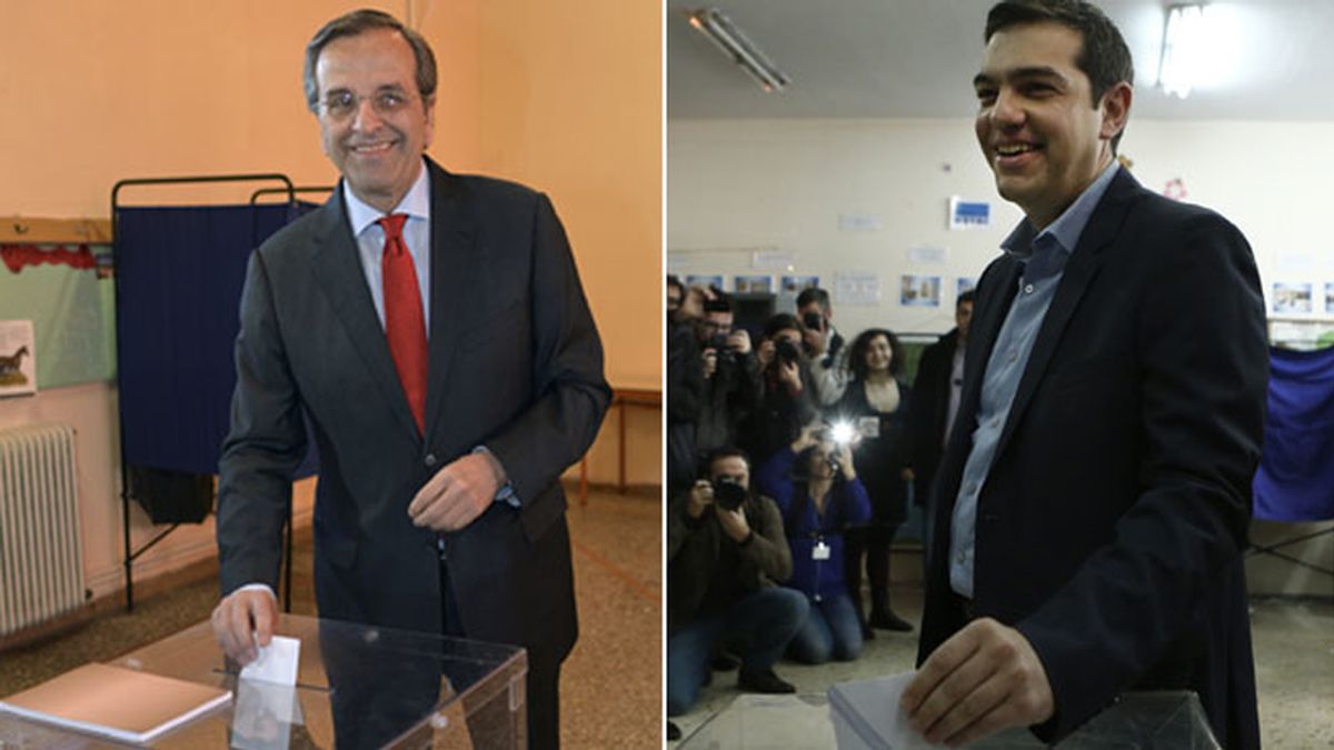 Antonis Samaras y Alexis Tsipras en las urnas