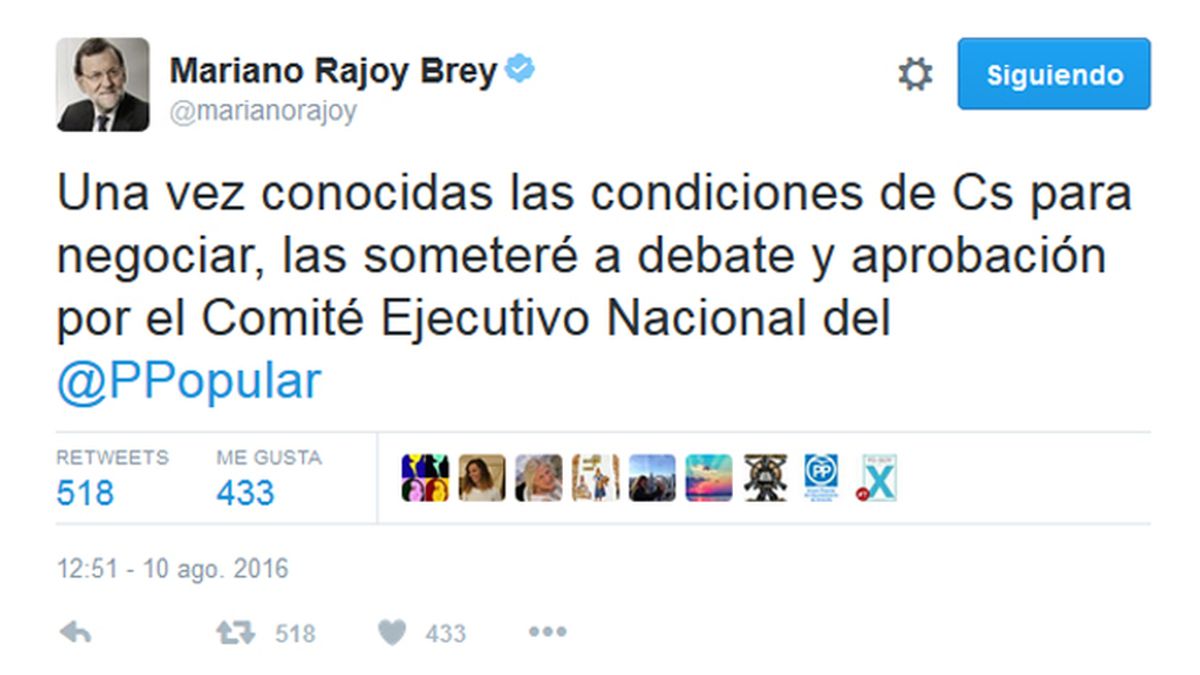 Rajoy se comprometió en Twitter a "someter a aprobación" en el PP las condiciones de Ciudadanos