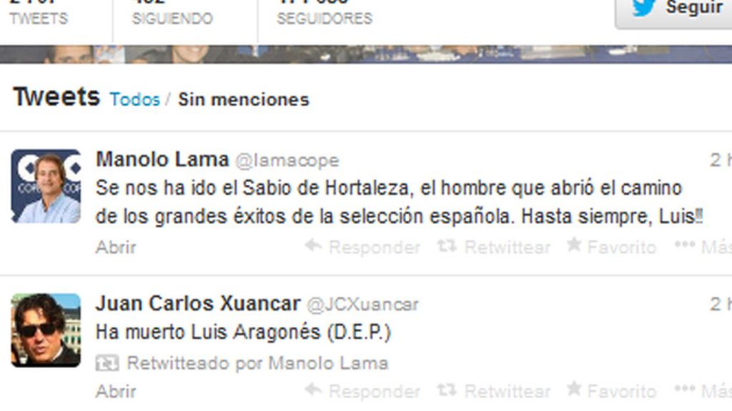 Triste adiós a Aragonés en Twitter