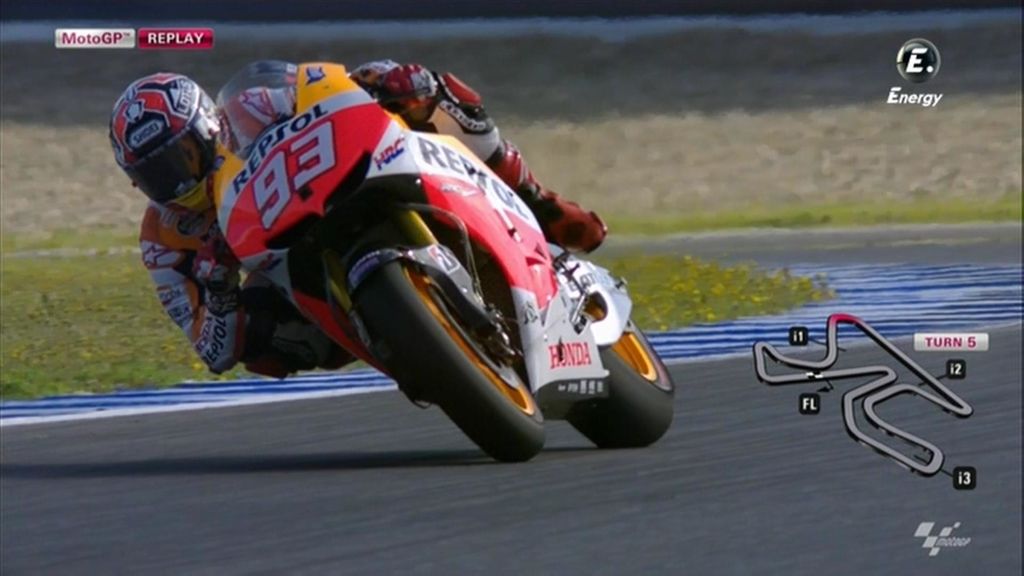 Marc Márquez haciendo sufrir a los neumáticos en Jerez
