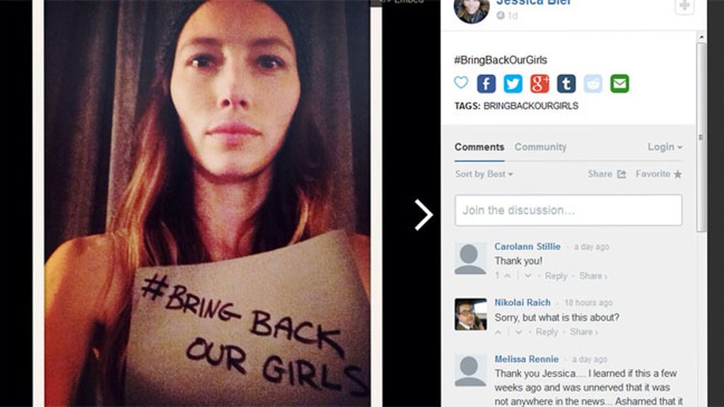 Jessia Biel, volcada con el drama de las niñas nigerianas