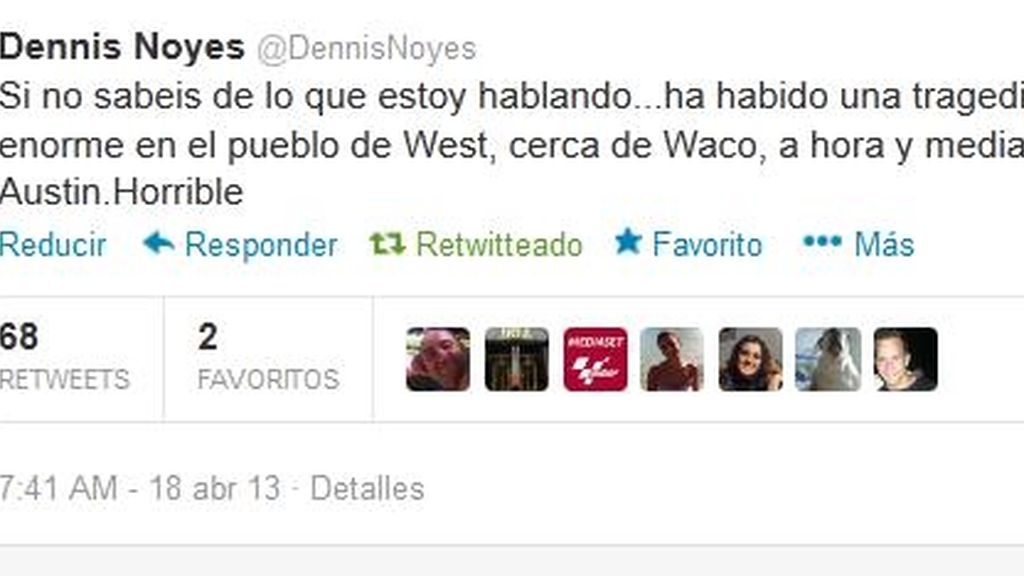Tuit de Dennis Noyes sobre la explosión en Texas