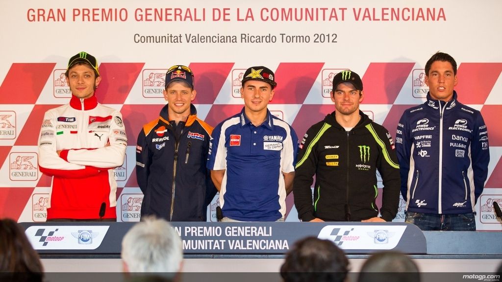 Rossi, Stoner, Lorenzo, Crutchlow y Aleix Espargaró durante la rueda de prensa previa del GP de Valencia