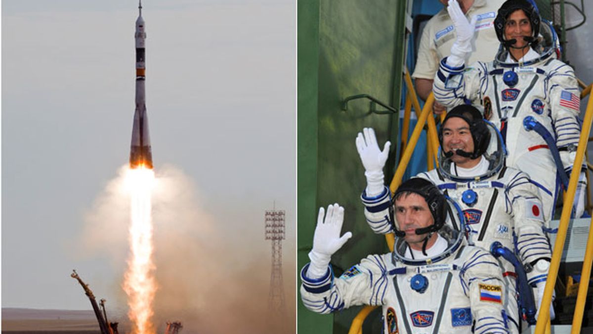 El cosmonauta rusa Yuri Malenchenko, la astronauta de la NASA Sunita Williams y el astronauta japonés Akihito Hoshide