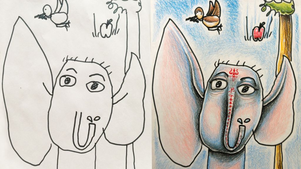 Un padre colorea los dibujos de sus hijos pequeños con resultados sorprendentes