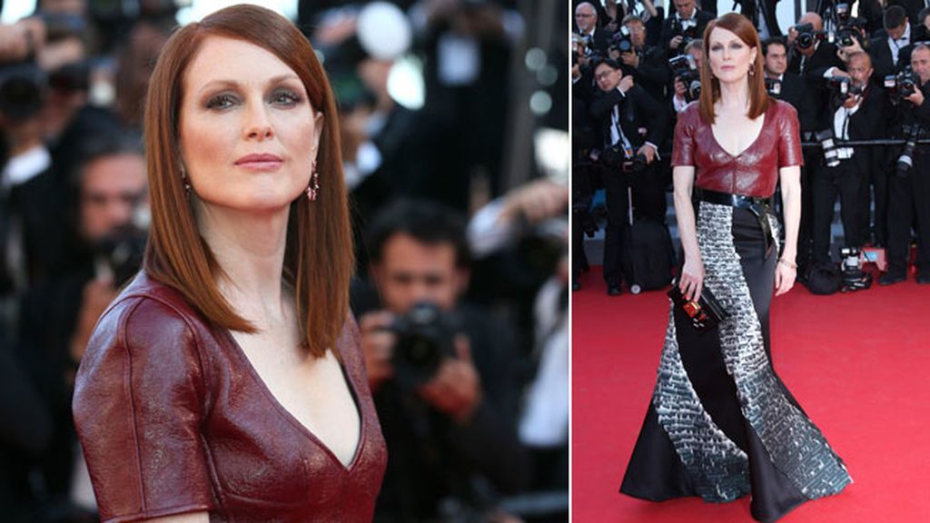 Julianne Moore combinó cuero y falda patchwork de Louis Vuitton