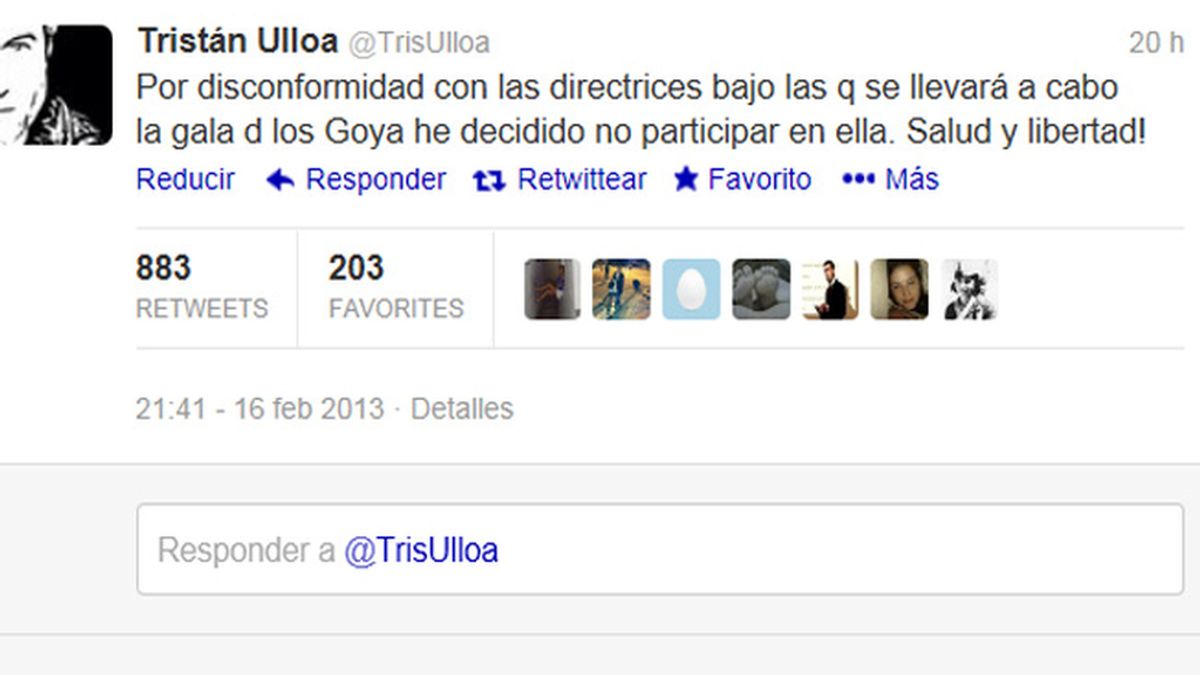 Tristán Ulloa no acudirá a los Premios Goya por "disconformidad con las directrices" para la gala