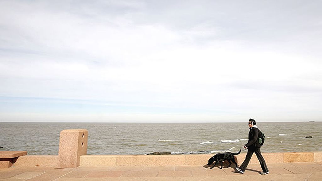 Un residente camina con su perro frente al paseo marítimo en un soleado día de verano en Montevideo