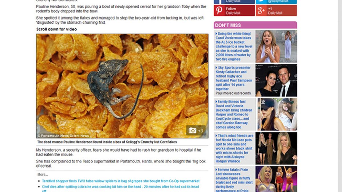 Una abuela inglesa descubre un ratón muerto en un paquete de cereales