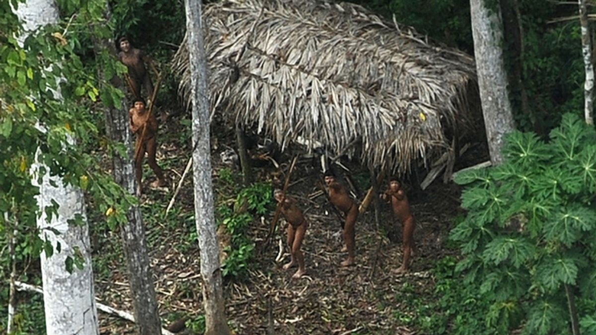 Miembros de una tribu del Amazonas empuñan sus lanzas al ver un avión por primera vez