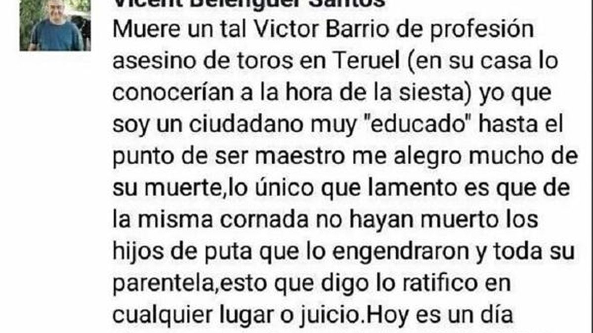 Un profesor se alegra de la muerte del torero Víctor Barrio