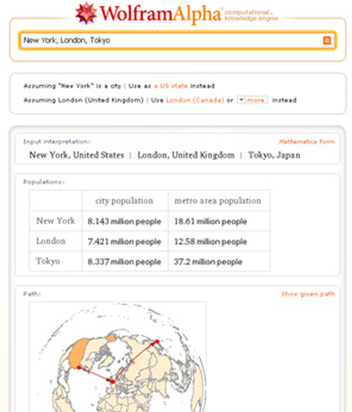 Wolfram|Alpha puede comparar los datos de distintas ciudades, por ejemplo.