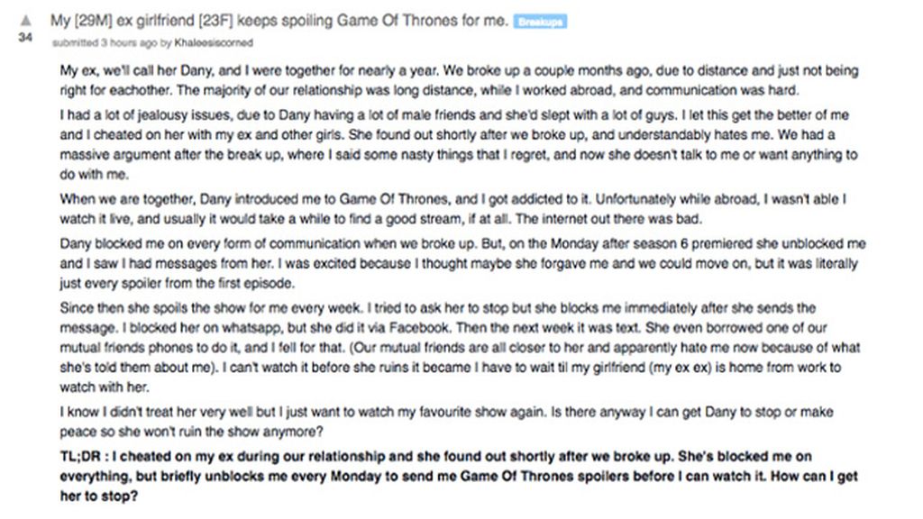 Aficionado de 'Game of Thrones' pide ayuda para que su ex deje de decirle spoilers