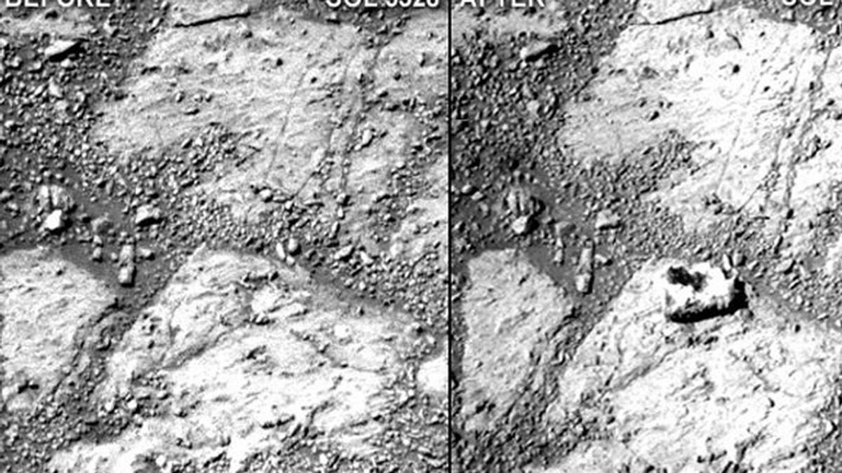 El Opportunity toma una foto de una roca en Marte que apareció enigmáticamente a su lado