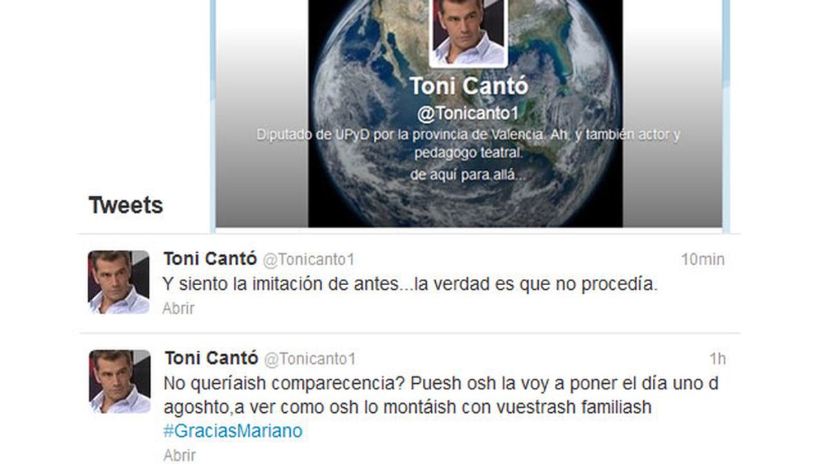 El tuit burlón de Tony Cantó sobre la dicción de Rajoy