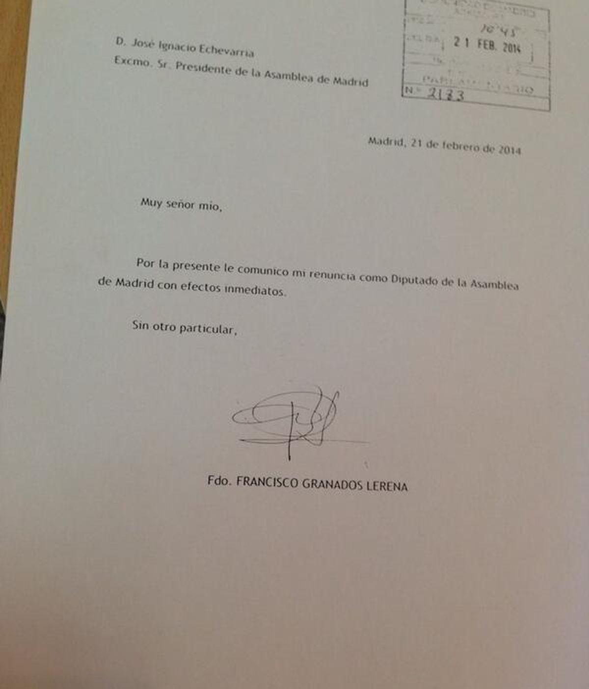 Francisco Granados presenta su renuncia