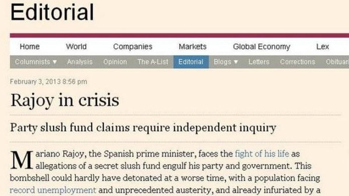 Página del FT con el editorial dedicado a Mariano Rajoy