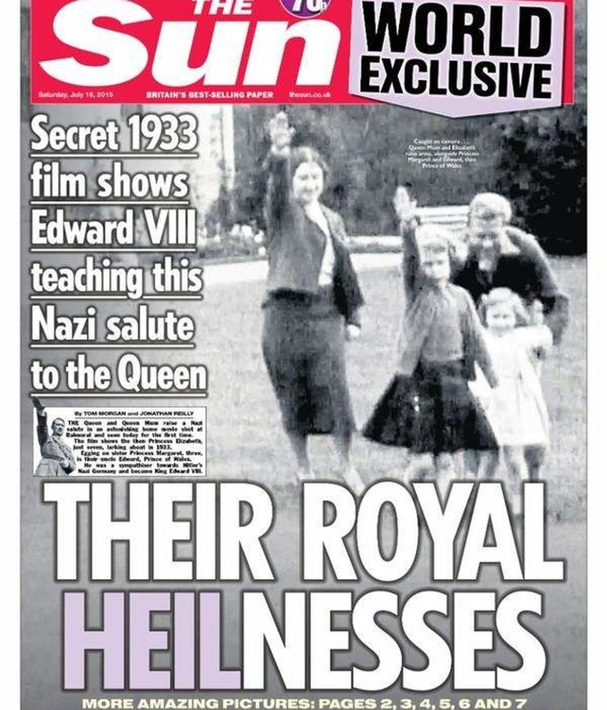 Portada de 'THE SUN' donde la reina Isabel II hace el saludo nazi