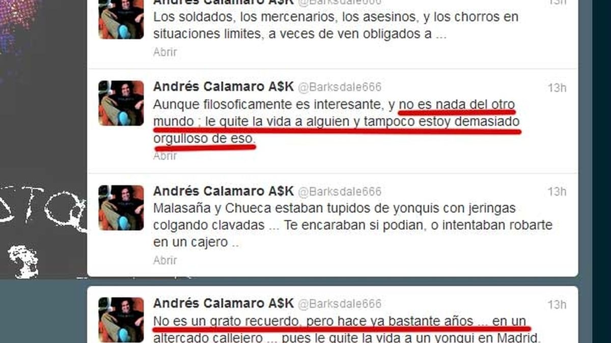 El músico Andrés Calamaro revela en su cuenta en la red social detalles de cómo mató a un drogadicto en Madrid.