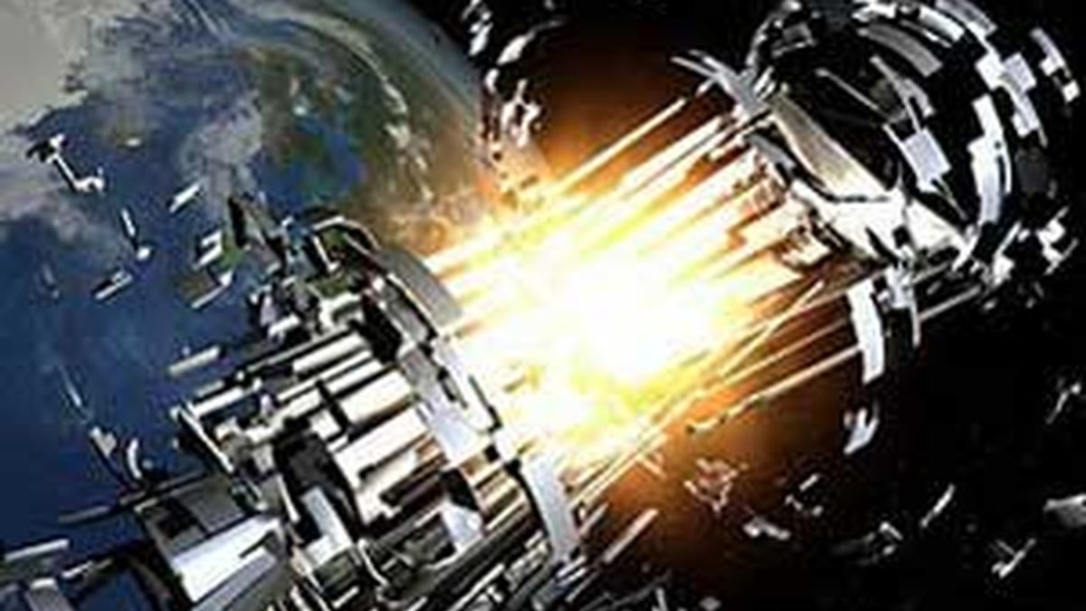 Dibujo de una explosión de satélite, fuente de basura espacial. Fuente Wikipedia.org