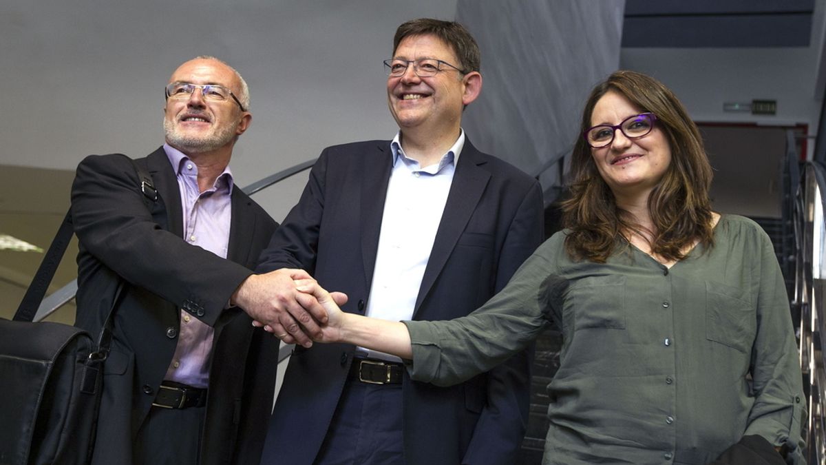 Los candidatos a la Presidencia de la Generalitat del PSPV, Ximo Puig (centro); Compromís, Mónica Oltra; y Podemos, Antonio Montiel