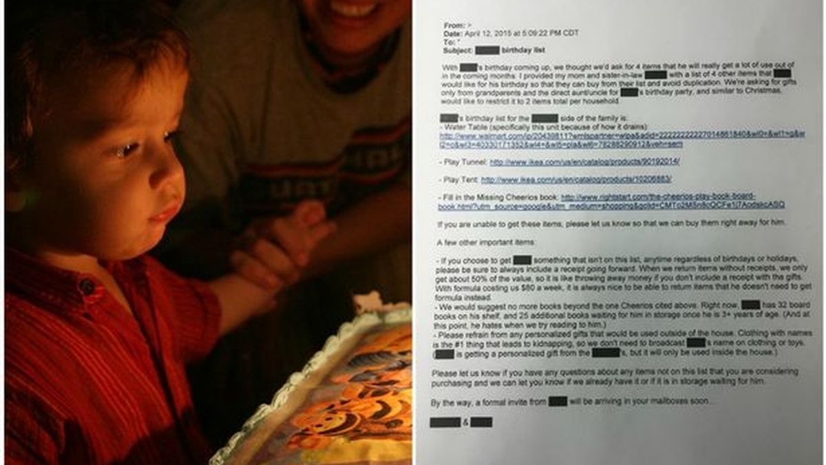 Una familia exige a través de un correo los regalos para el cumple de su hijo