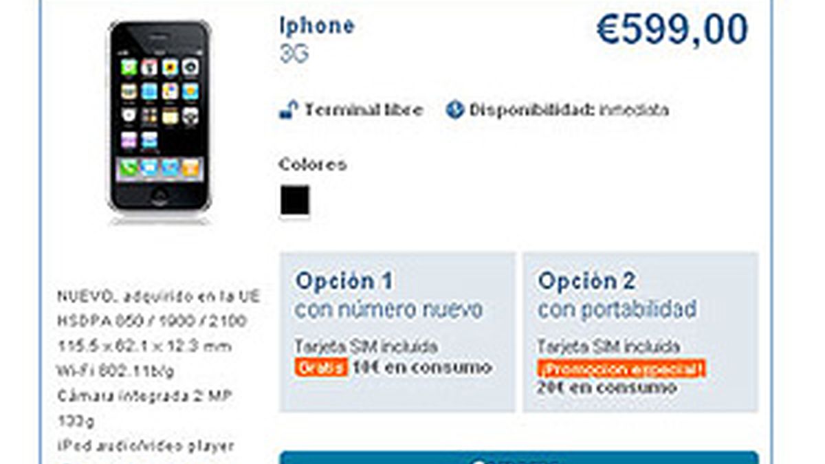 Imagen de la web de Simyo, que ofertaba el iPhone por 599 euros.