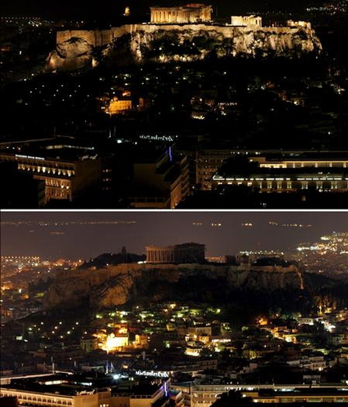 Combo de fotografías del antes y después del apagón de luces  en Acrópolis (Atenas).EFE