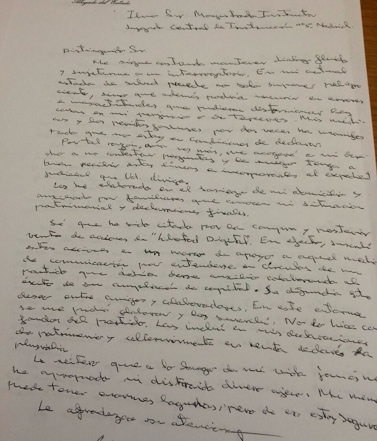 Carta manuscrita del extesorero del PP, Álvaro Lapuerta