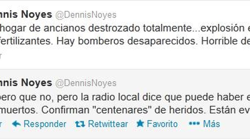 Tuits de Dennis Noyes sobre la explosión en Texas